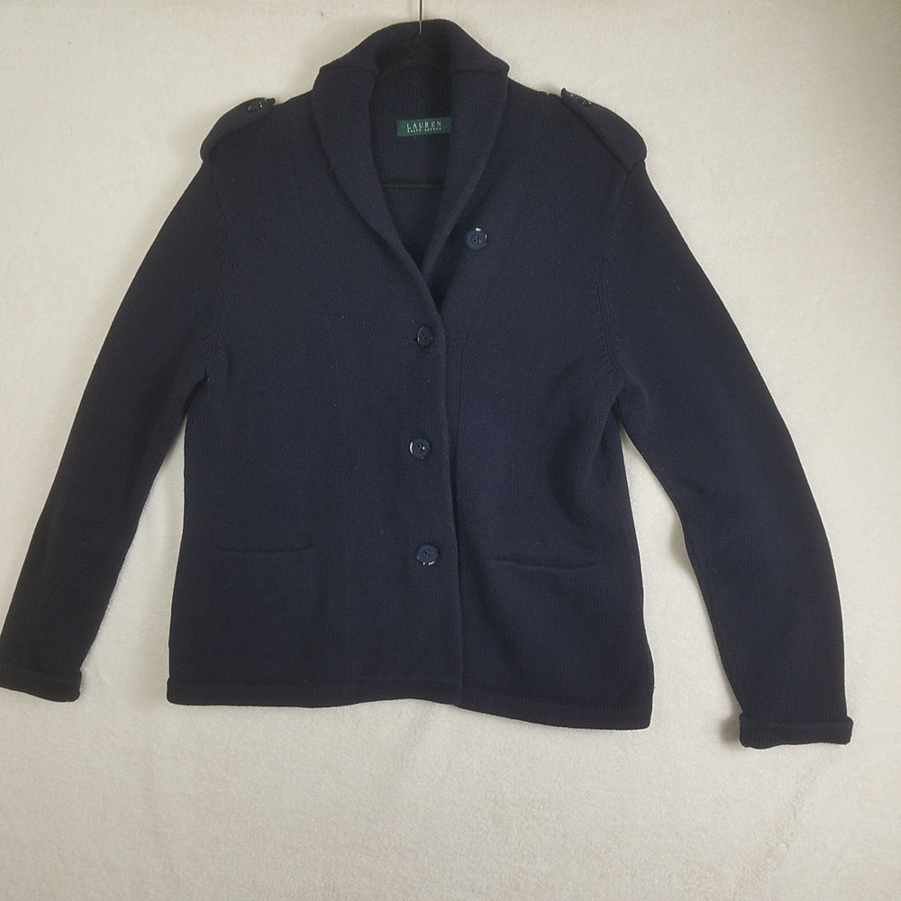 Lauren Ralph Lauren Navy Blue Shawl Collar Button Cardigan Sweater Epaulettes